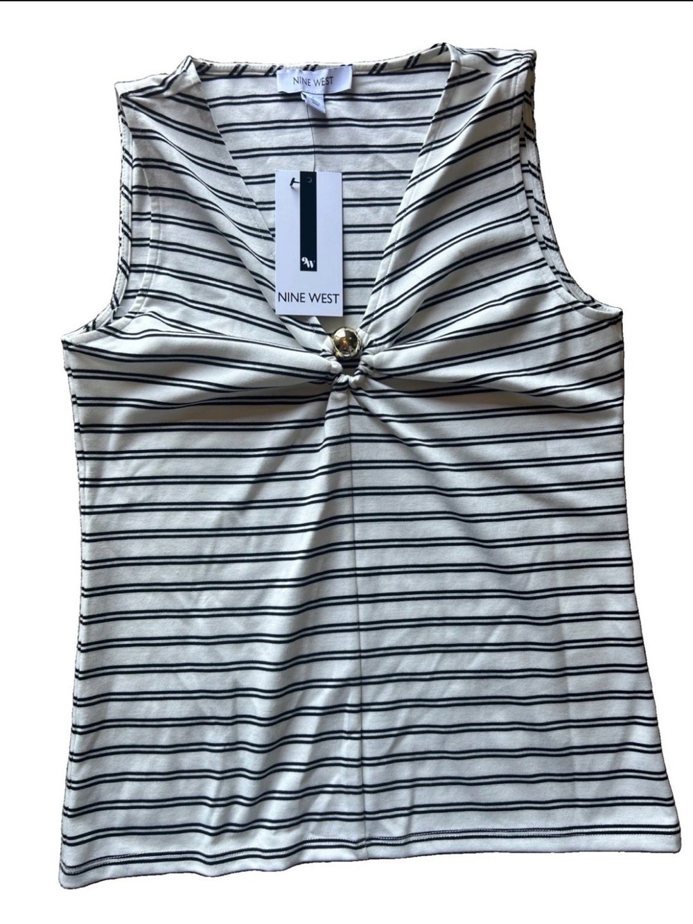 Nine West Ivory and Black Striped Twist-Front Tank Size Small